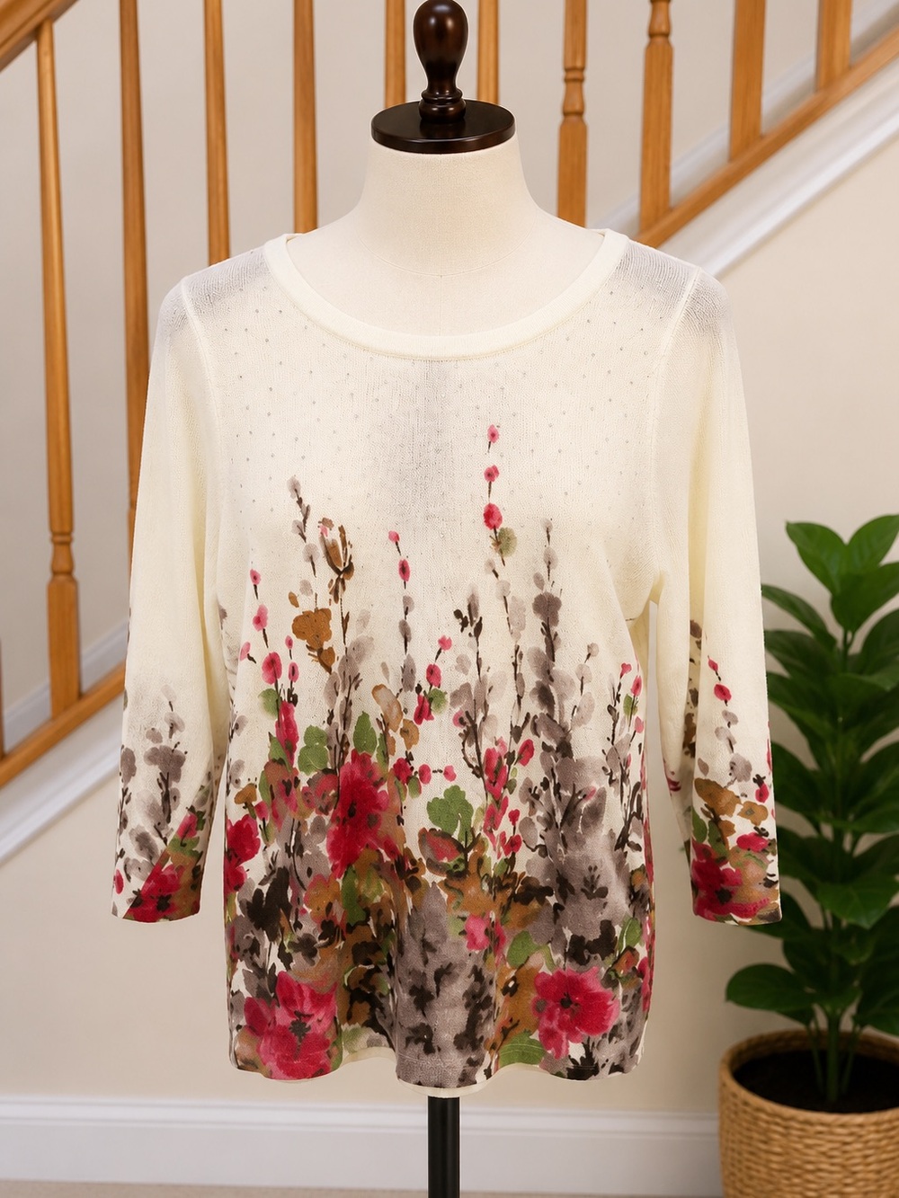 Cream Floral Crewneck Sweater with Pink & Green Accents